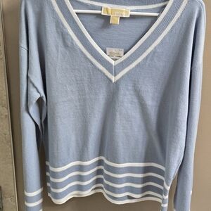 NWT Michael Kors Womens Small Sky Blue V-Neck Sweater With White Stripe Accent